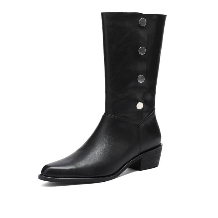 Foldable Genuine Leather Mid-Calf Boots with Snap Buttons Y2759 Boots Y2759 Black US5/EU34