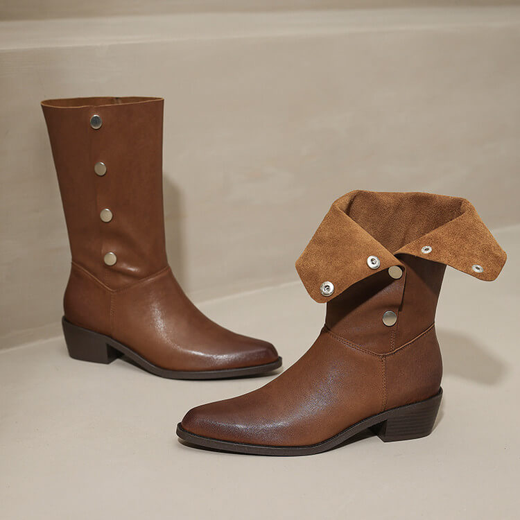 Foldable Genuine Leather Mid-Calf Boots with Snap Buttons Y2759 Boots Y2759