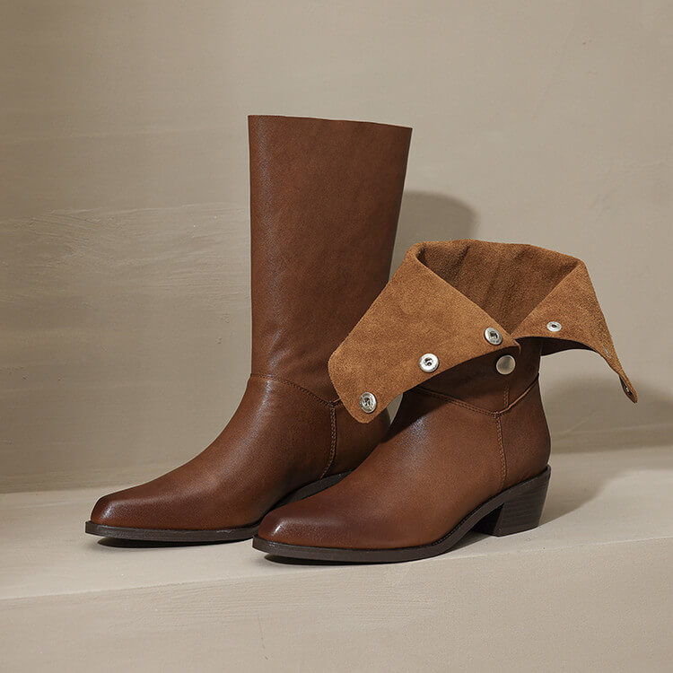 Foldable Genuine Leather Mid-Calf Boots with Snap Buttons Y2759 Boots Y2759