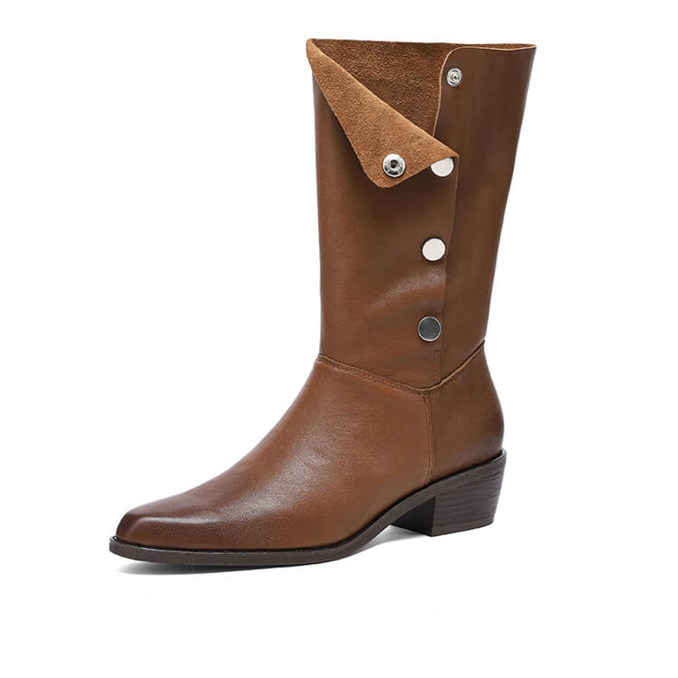 Foldable Genuine Leather Mid-Calf Boots with Snap Buttons Y2759 Boots Y2759 Brown US5/EU34