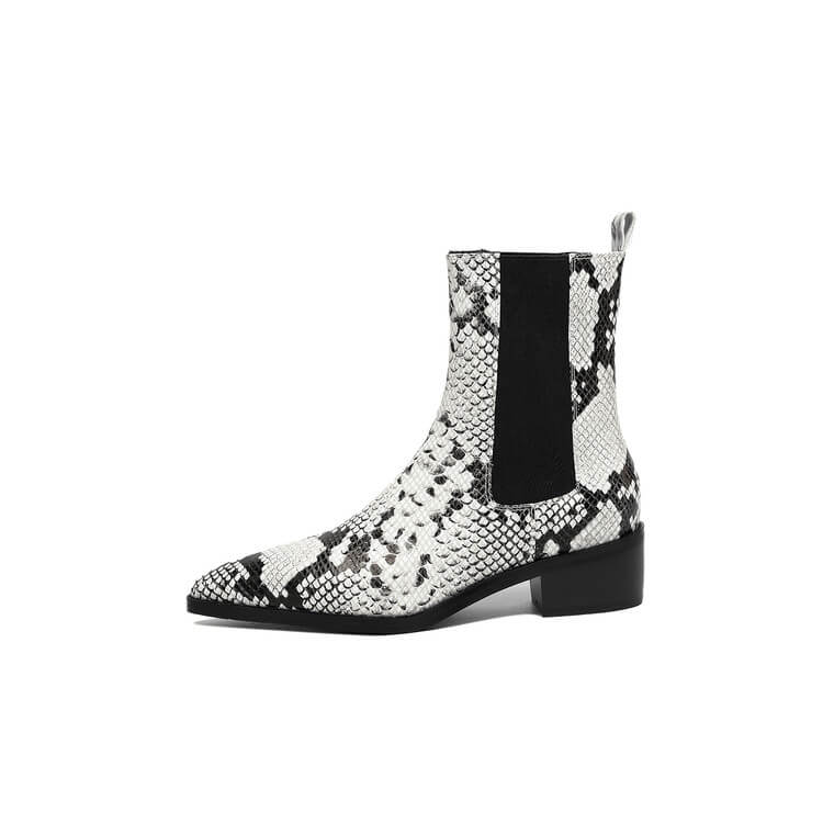 Women’s Snake-Print Leather Pointed-Toe Ankle Boots Y2743 Boots Y2743
