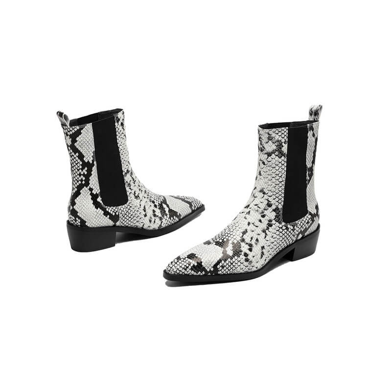 Women’s Snake-Print Leather Pointed-Toe Ankle Boots Y2743 Boots Y2743