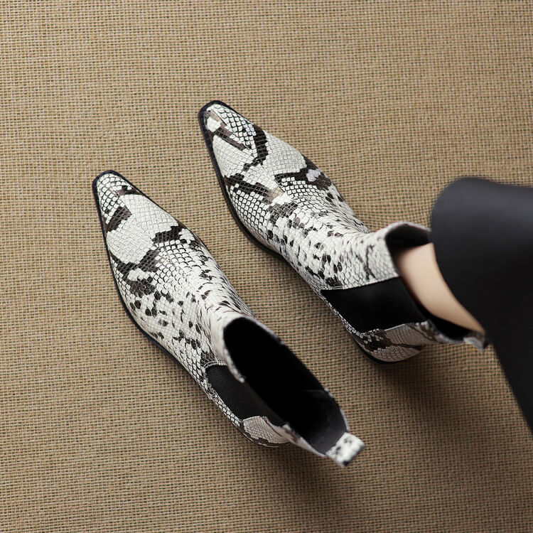 Women’s Snake-Print Leather Pointed-Toe Ankle Boots Y2743 Boots Y2743
