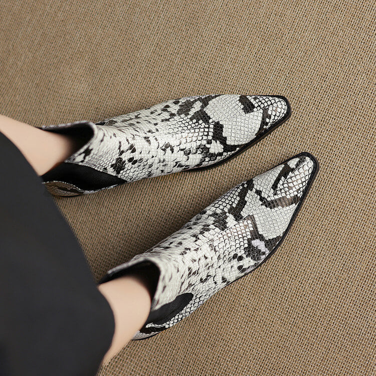 Women’s Snake-Print Leather Pointed-Toe Ankle Boots Y2743 Boots Y2743