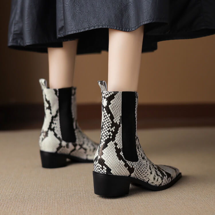 Women’s Snake-Print Leather Pointed-Toe Ankle Boots Y2743 Boots Y2743