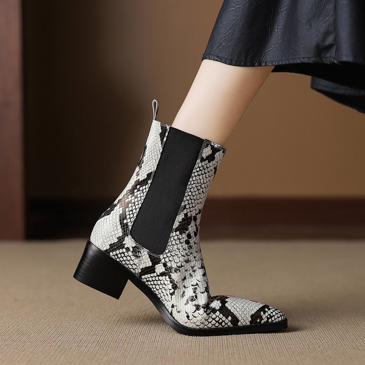Women’s Snake-Print Leather Pointed-Toe Ankle Boots Y2743 Boots Y2743