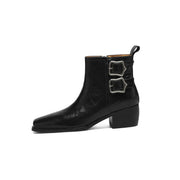 Women's Square-Toe Ankle Boots with Double Buckles | Genuine Leather Y2752 Boots Y2752