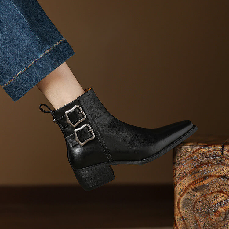 Women's Square-Toe Ankle Boots with Double Buckles | Genuine Leather Y2752 Boots Y2752