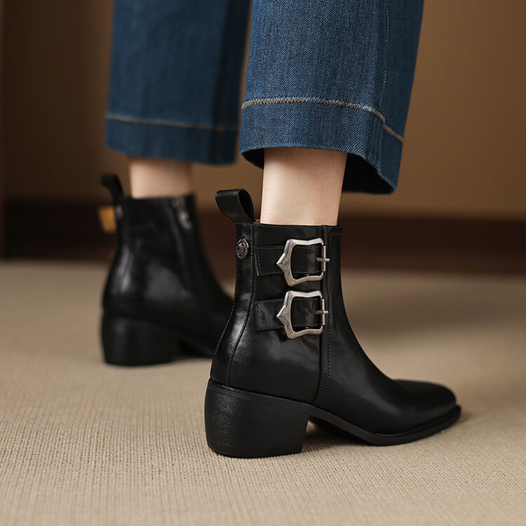 Women's Square-Toe Ankle Boots with Double Buckles | Genuine Leather Y2752 Boots Y2752
