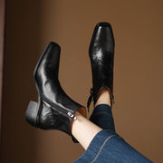 Women's Square-Toe Ankle Boots with Double Buckles | Genuine Leather Y2752 Boots Y2752