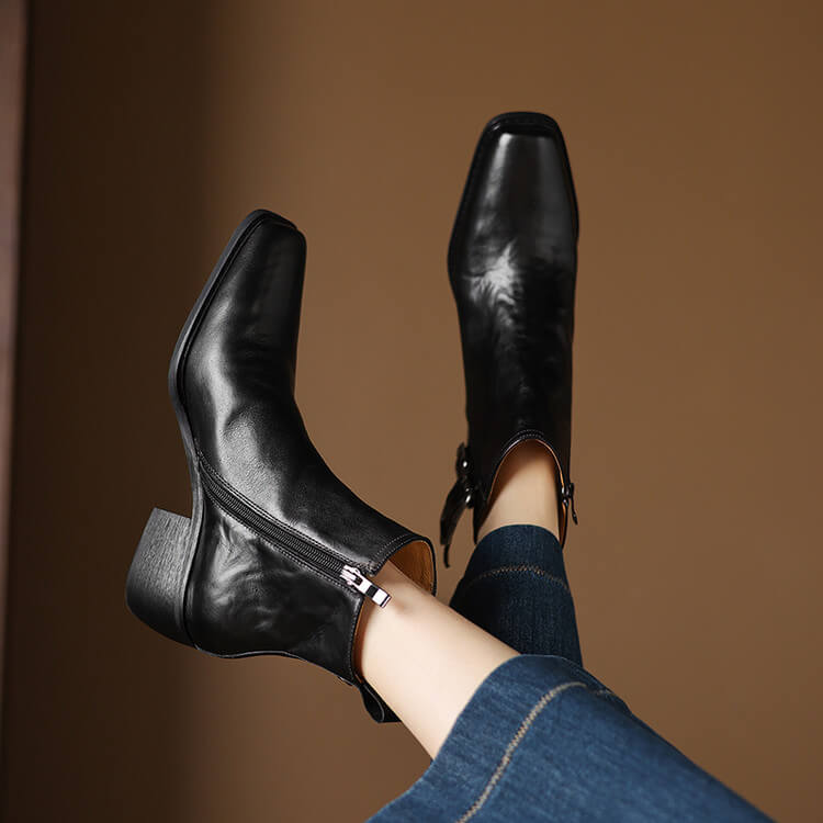 Women's Square-Toe Ankle Boots with Double Buckles | Genuine Leather Y2752 Boots Y2752