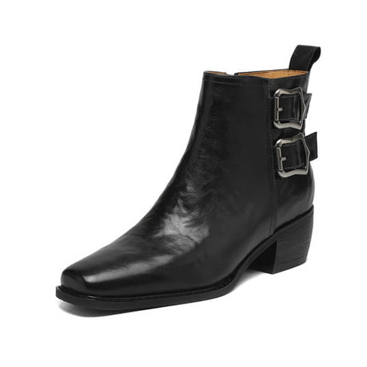 Women's Square-Toe Ankle Boots with Double Buckles | Genuine Leather Y2752 Boots Y2752 Black Leather lining US5/EU34