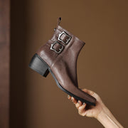 Women's Square-Toe Ankle Boots with Double Buckles | Genuine Leather Y2752 Boots Y2752