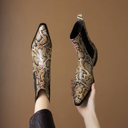 Women’s Snake-Print Leather Pointed-Toe Ankle Boots Y2743 Boots Y2743