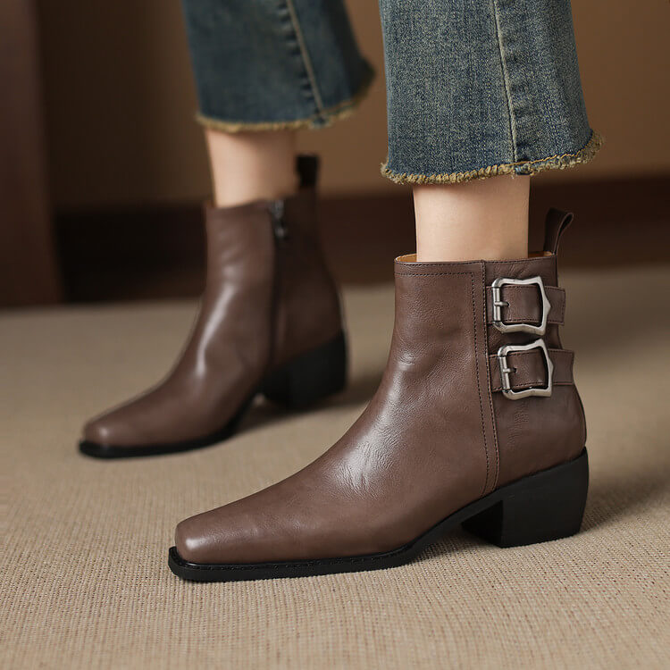 Women's Square-Toe Ankle Boots with Double Buckles | Genuine Leather Y2752 Boots Y2752