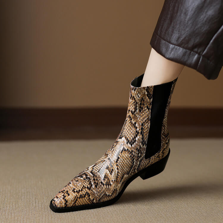 Women’s Snake-Print Leather Pointed-Toe Ankle Boots Y2743 Boots Y2743