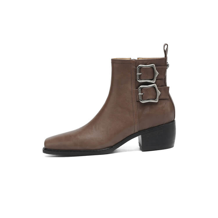 Women's Square-Toe Ankle Boots with Double Buckles | Genuine Leather Y2752 Boots Y2752