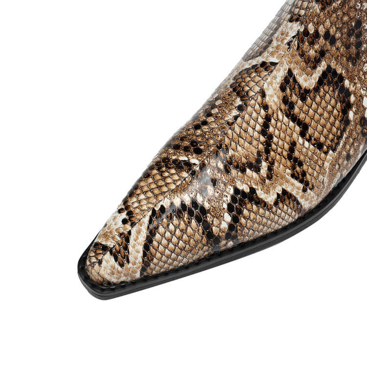 Women’s Snake-Print Leather Pointed-Toe Ankle Boots Y2743 Boots Y2743