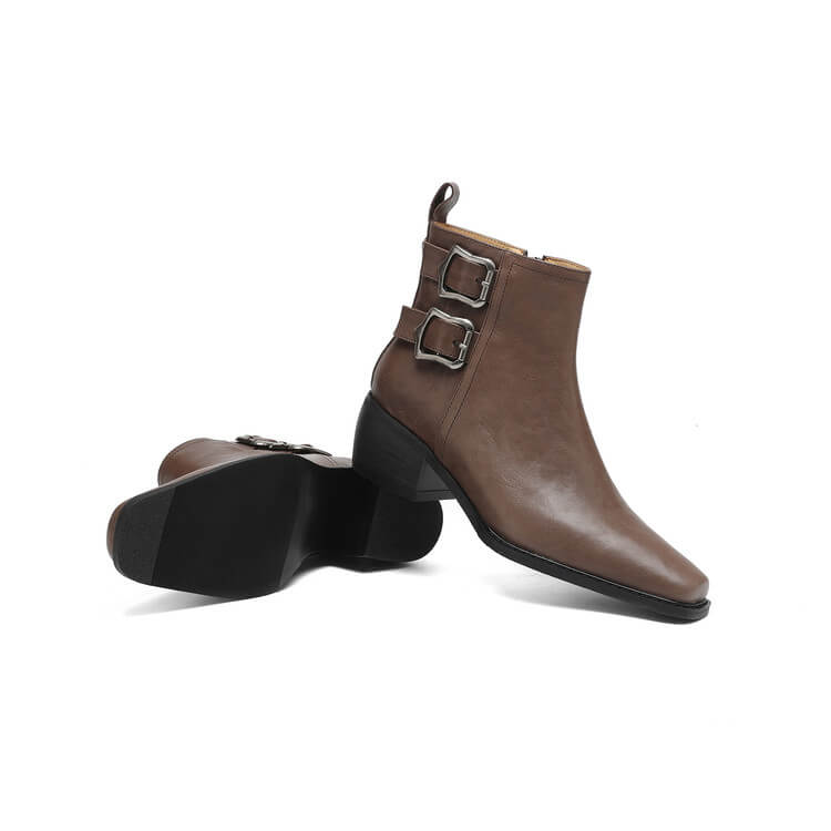 Women's Square-Toe Ankle Boots with Double Buckles | Genuine Leather Y2752 Boots Y2752