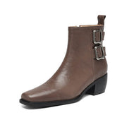 Women's Square-Toe Ankle Boots with Double Buckles | Genuine Leather Y2752 Boots Y2752 Brown Leather lining US5/EU34