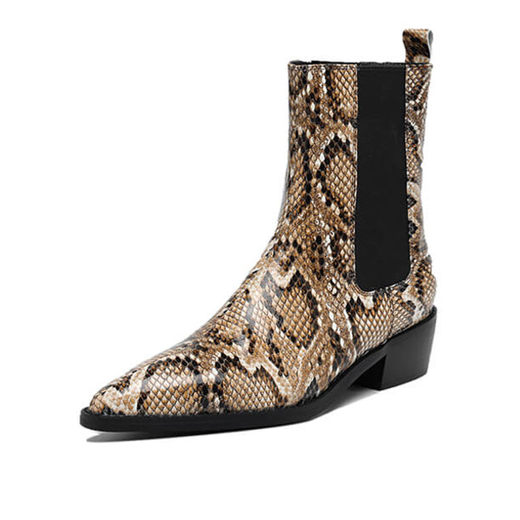 Women’s Snake-Print Leather Pointed-Toe Ankle Boots Y2743 Boots Y2743 Brown Leather lining US5/EU34