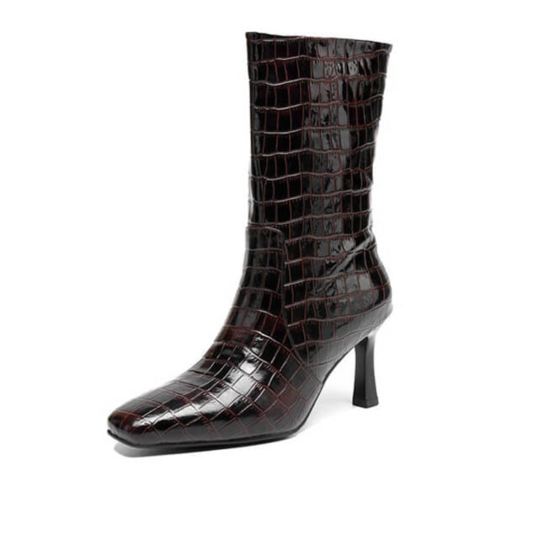 Women’s Square-Toe Stiletto Heel Slip-On Mid-Calf Boots with Stone Texture Y2746 Boots Y2746 Brown Leather lining US5/EU34