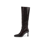 Women’s Square-Toe Stiletto Heel Slip-On Knee-High Boots with Stone Texture Y2742 Boots Y2742