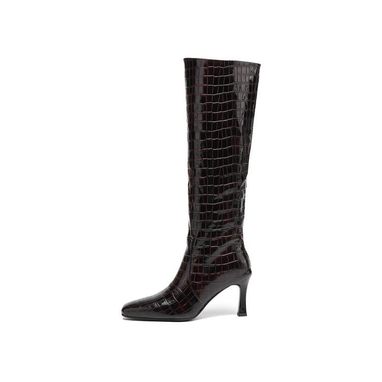 Women’s Square-Toe Stiletto Heel Slip-On Knee-High Boots with Stone Texture Y2742 Boots Y2742