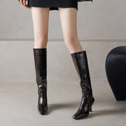 Women’s Square-Toe Stiletto Heel Slip-On Knee-High Boots with Stone Texture Y2742 Boots Y2742