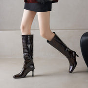 Women’s Square-Toe Stiletto Heel Slip-On Knee-High Boots with Stone Texture Y2742 Boots Y2742