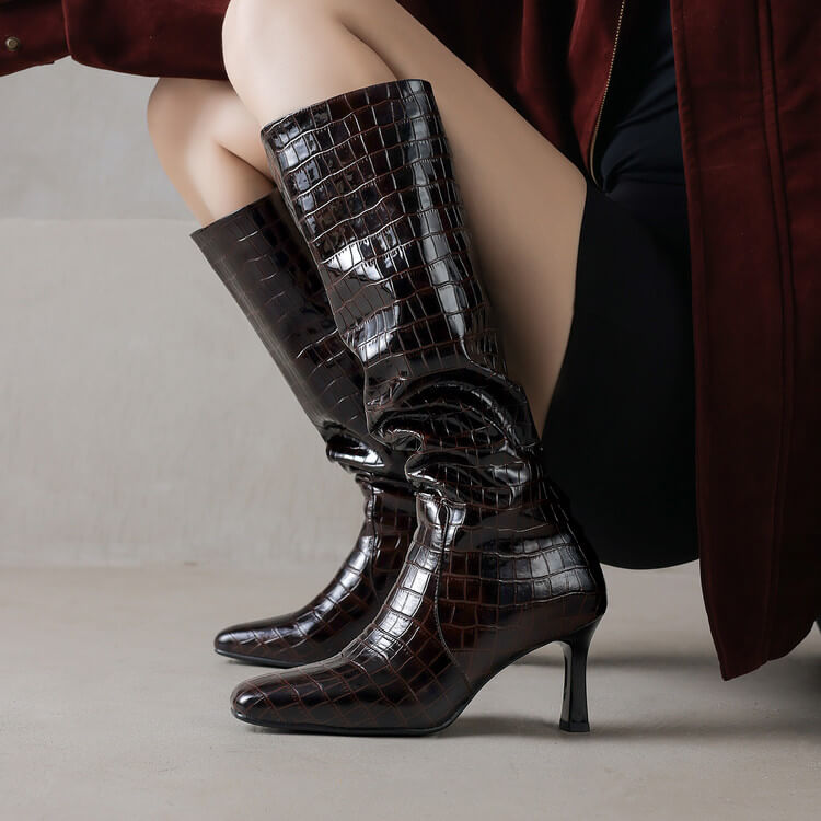 Women’s Square-Toe Stiletto Heel Slip-On Knee-High Boots with Stone Texture Y2742 Boots Y2742
