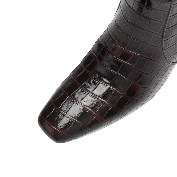 Women’s Square-Toe Stiletto Heel Slip-On Knee-High Boots with Stone Texture Y2742 Boots Y2742