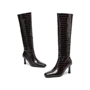 Women’s Square-Toe Stiletto Heel Slip-On Knee-High Boots with Stone Texture Y2742 Boots Y2742