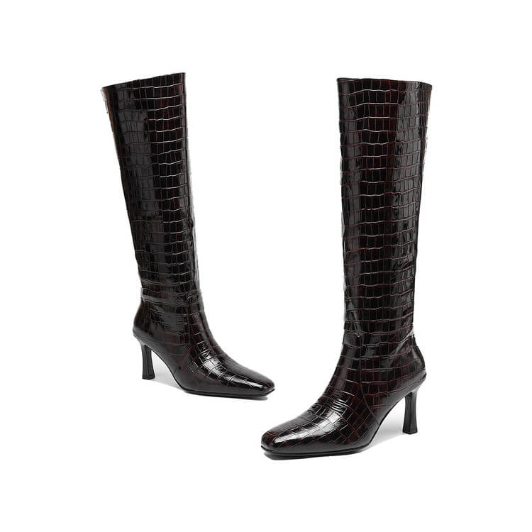 Women’s Square-Toe Stiletto Heel Slip-On Knee-High Boots with Stone Texture Y2742 Boots Y2742