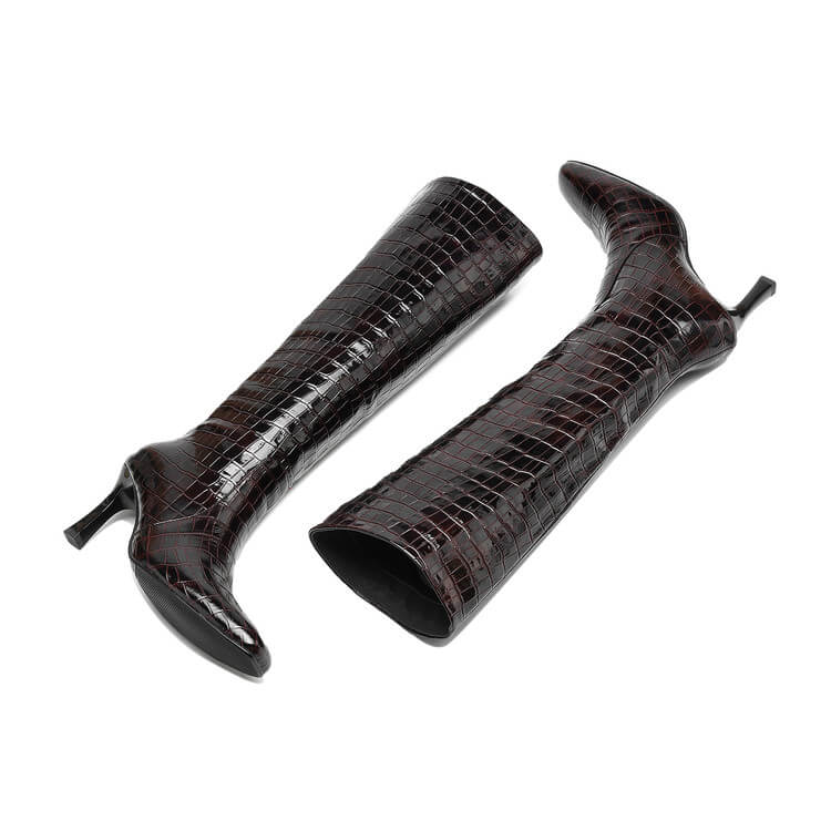 Women’s Square-Toe Stiletto Heel Slip-On Knee-High Boots with Stone Texture Y2742 Boots Y2742