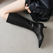 Women's Kitten Heel Pointed-Toe Woven Leather Knee High Boots Y2737 Boots Y2737