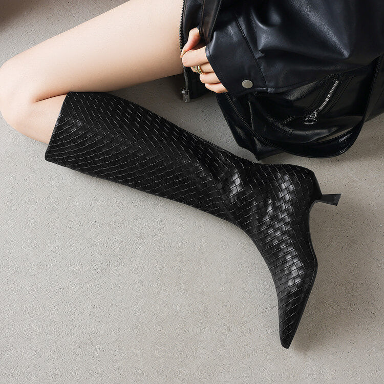 Women's Kitten Heel Pointed-Toe Woven Leather Knee High Boots Y2737 Boots Y2737