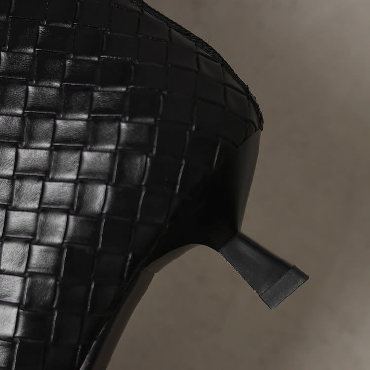 Women's Kitten Heel Pointed-Toe Woven Leather Knee High Boots Y2737 Boots Y2737