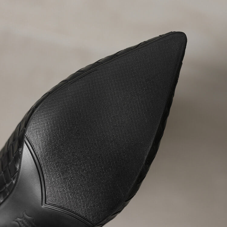 Women's Kitten Heel Pointed-Toe Woven Leather Knee High Boots Y2737 Boots Y2737