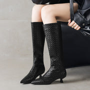 Women's Kitten Heel Pointed-Toe Woven Leather Knee High Boots Y2737 Boots Y2737