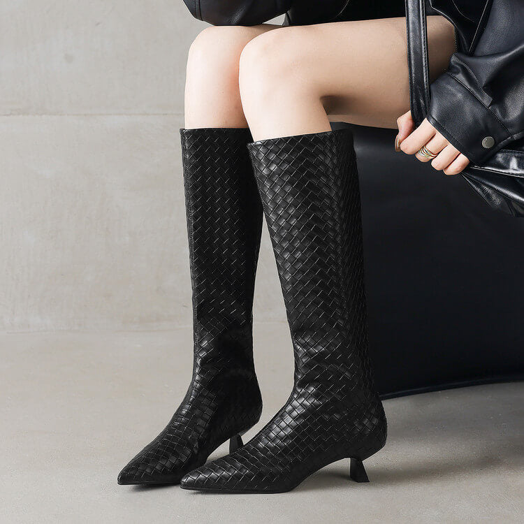 Women's Kitten Heel Pointed-Toe Woven Leather Knee High Boots Y2737 Boots Y2737