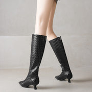 Women's Kitten Heel Pointed-Toe Woven Leather Knee High Boots Y2737 Boots Y2737