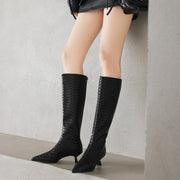 Women's Kitten Heel Pointed-Toe Woven Leather Knee High Boots Y2737 Boots Y2737