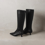 Women's Kitten Heel Pointed-Toe Woven Leather Knee High Boots Y2737 Boots Y2737