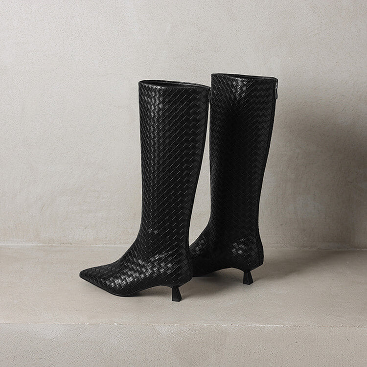 Women's Kitten Heel Pointed-Toe Woven Leather Knee High Boots Y2737 Boots Y2737