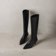 Women's Kitten Heel Pointed-Toe Woven Leather Knee High Boots Y2737 Boots Y2737