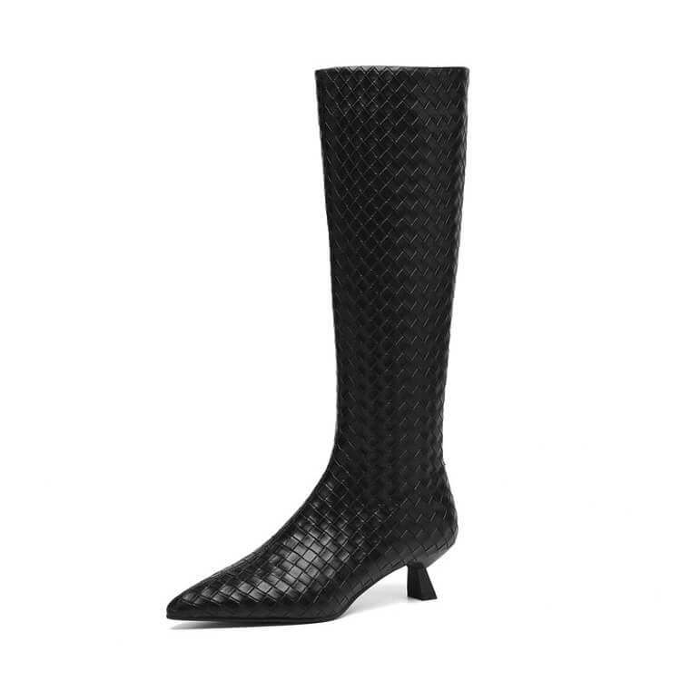 Women's Kitten Heel Pointed-Toe Woven Leather Knee High Boots Y2737 Boots Y2737 Black US5/EU34