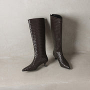 Women's Kitten Heel Pointed-Toe Woven Leather Knee High Boots Y2737 Boots Y2737