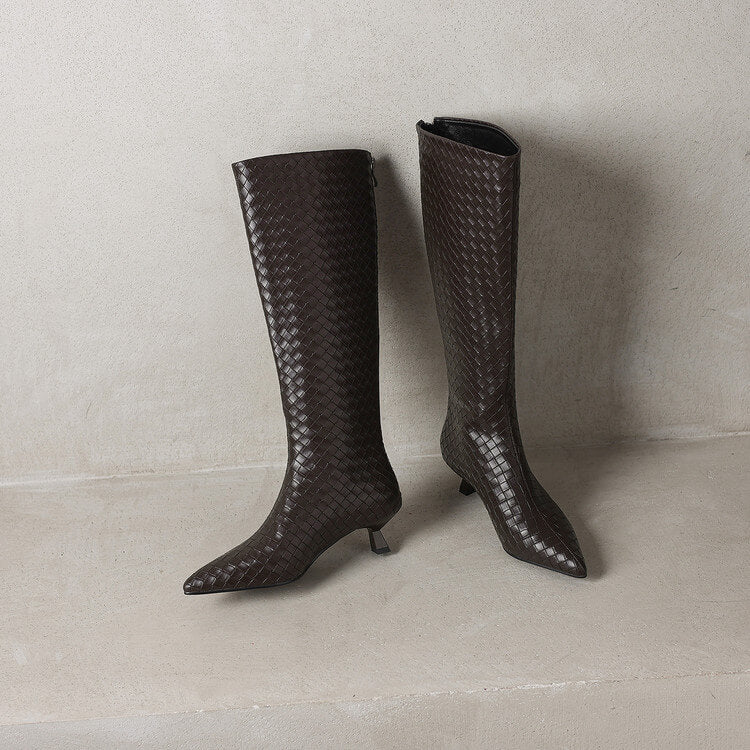 Women's Kitten Heel Pointed-Toe Woven Leather Knee High Boots Y2737 Boots Y2737