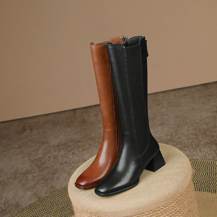 Slimming Knit Knee-High Boots | Leather & Stretch Fit Y2767 Boots Y2767